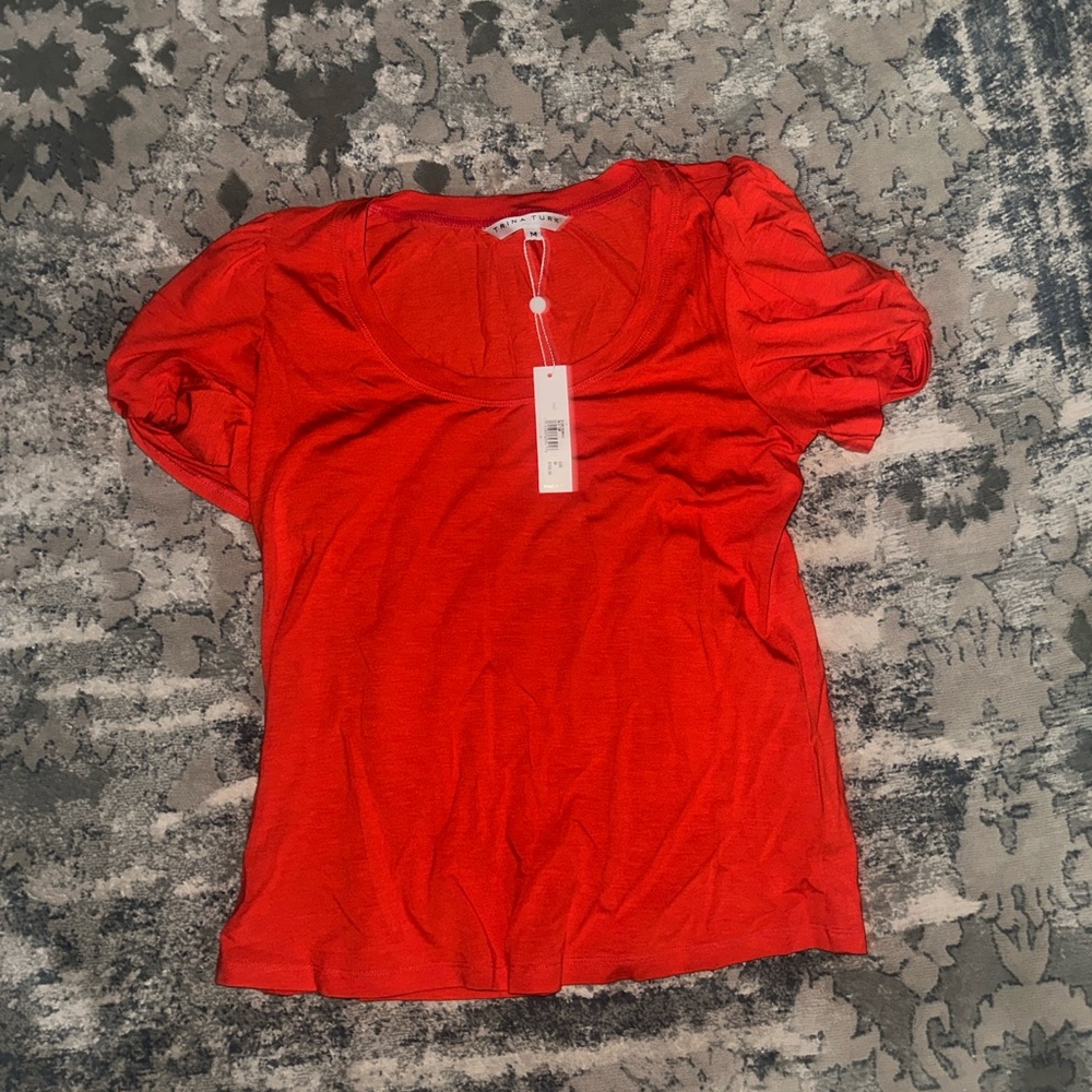 Red Puff Sleeve Polo Blouse with Ruched Details